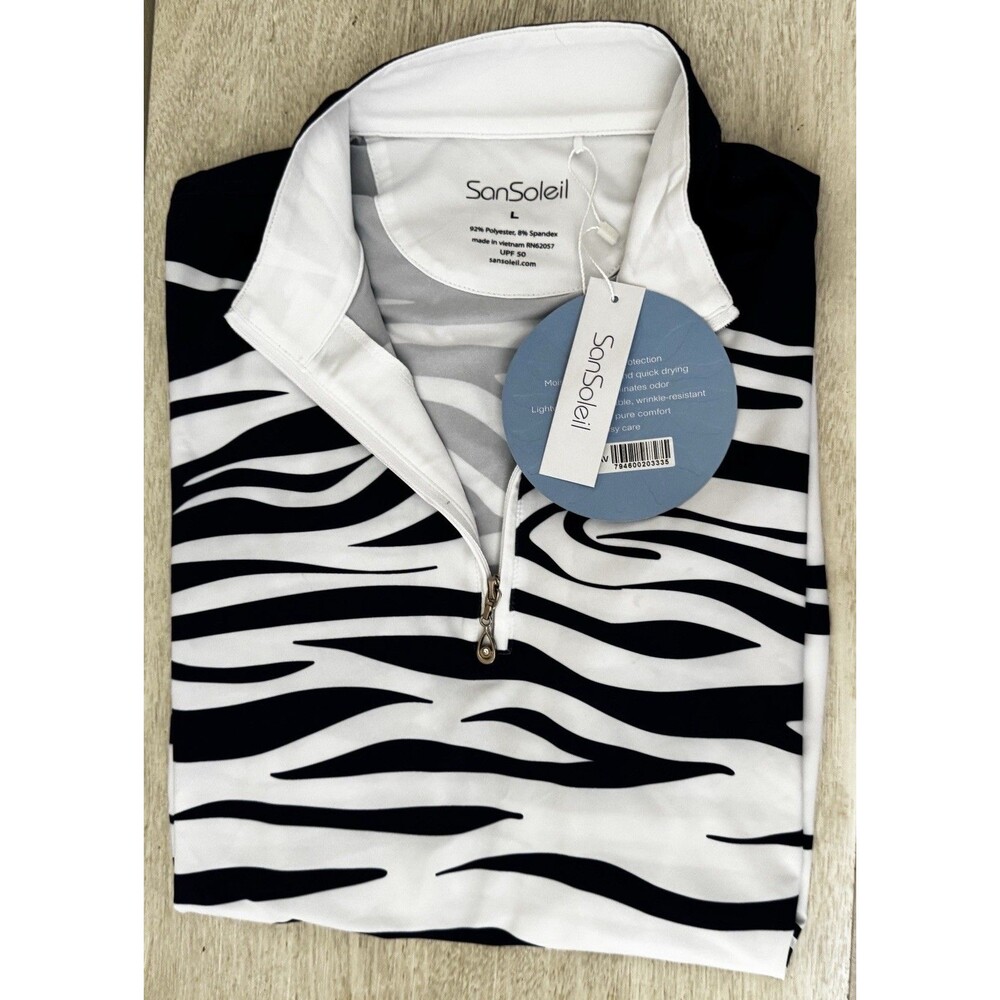 New SanSoleil SolTek Ice L/S 1/4 Zip Golf Shirt Navy Zebra Print Size L UPF 50+